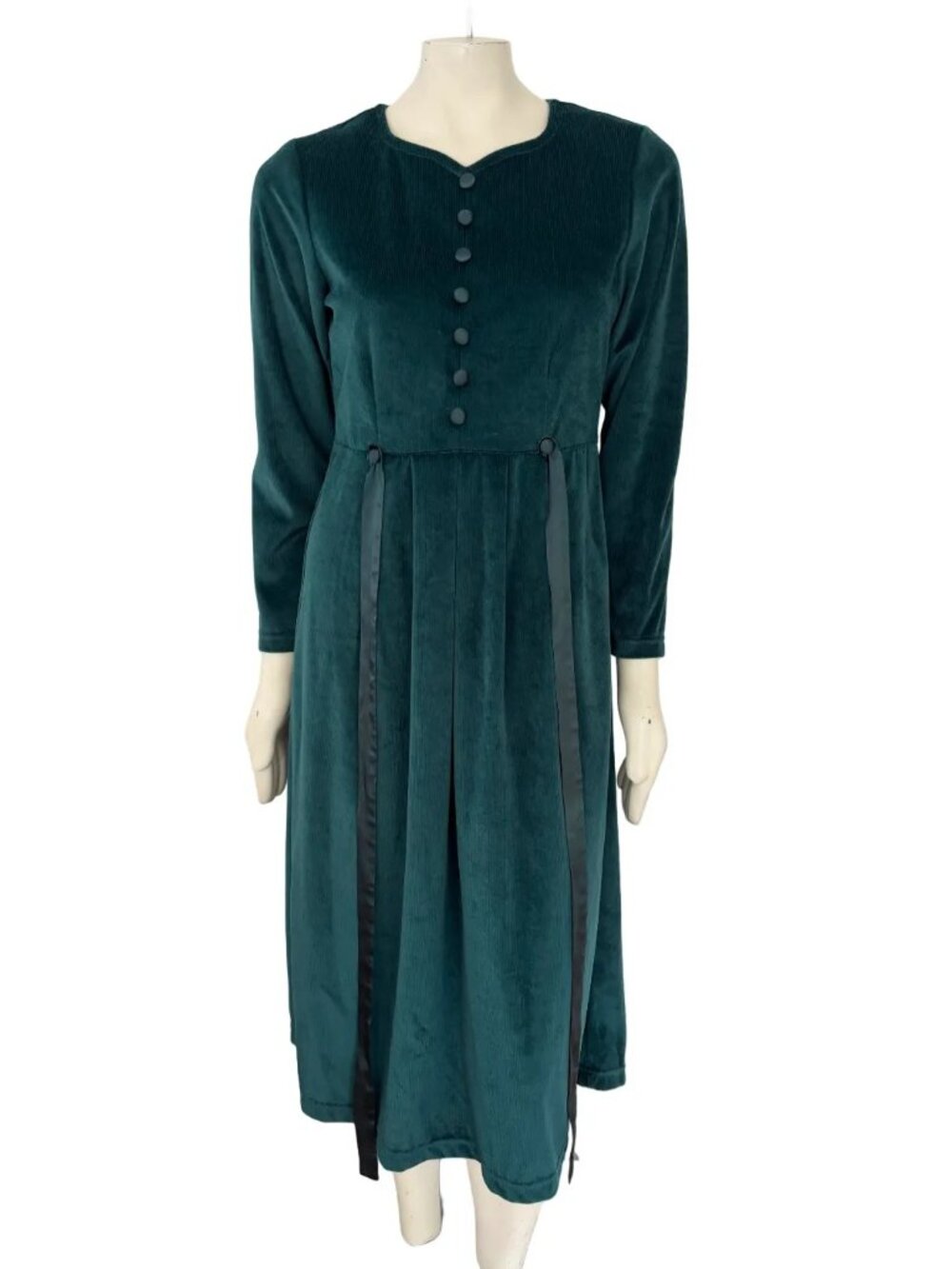 VTG 90s VICTORIA HOLLEY Velveteen Corduroy Babydoll Maxi Dress in Green  SZ 8P